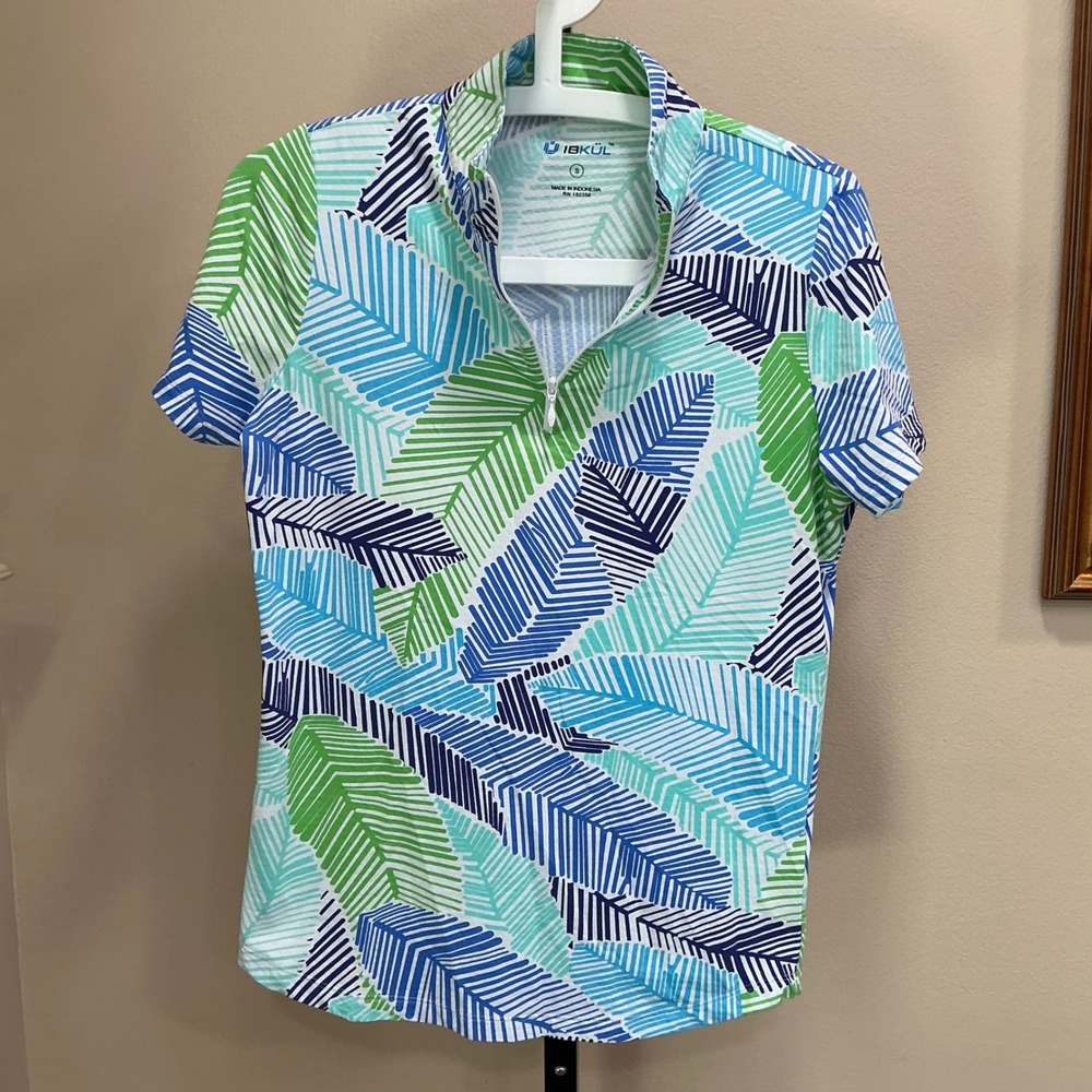 IBKUL Polo Shirt Small Blue Green Tropical Palm Print Quarter Zip Mock Neck Top